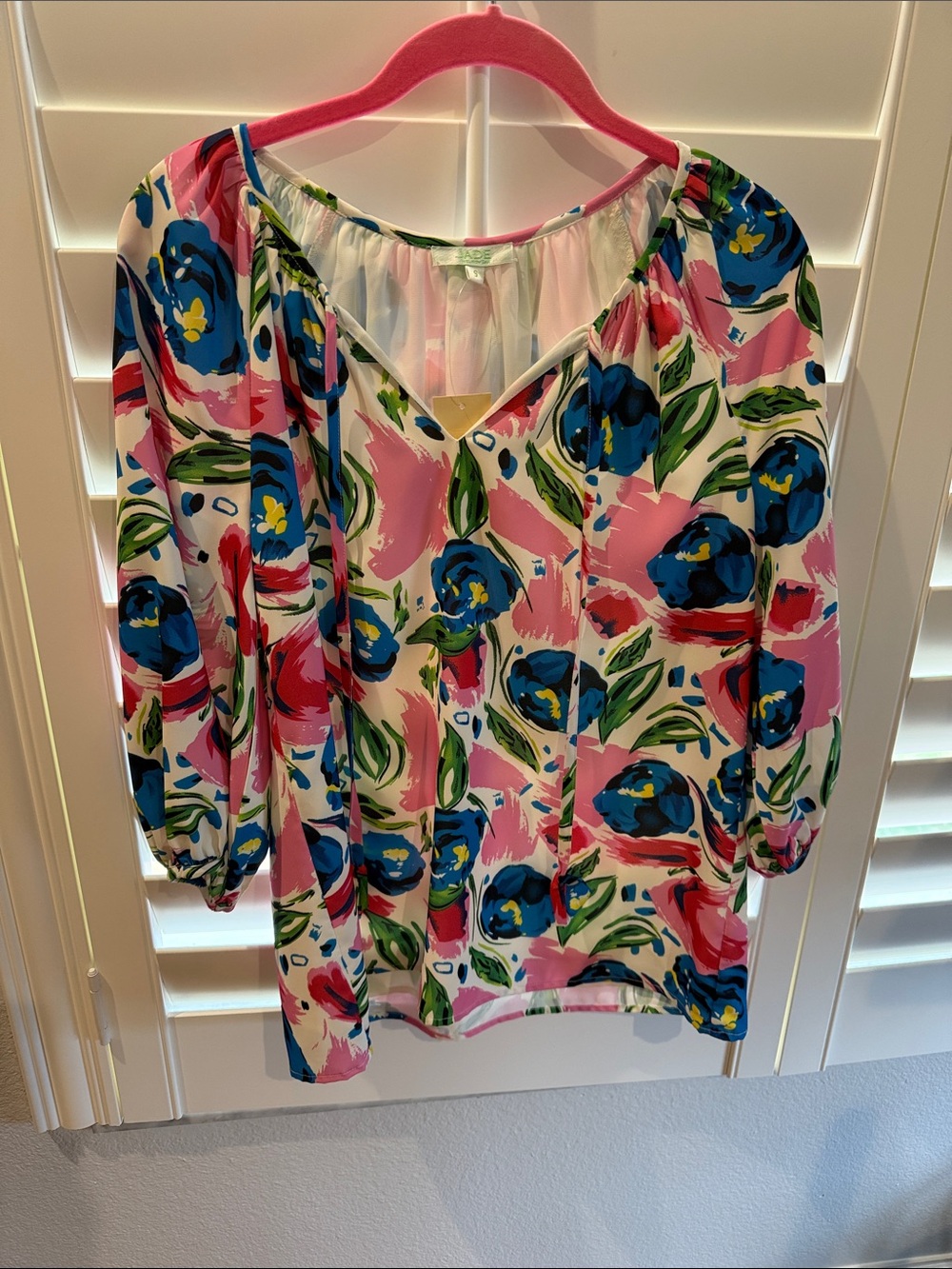 Jade Pink, Blue and Green Floral V-Neck Peasant Blouse